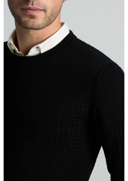 Merino Yün Ipek Karışım Örgü Desen Bisiklet Yaka Siyah Triko fırsatları