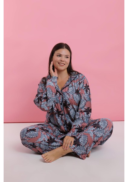 Kadın Büyük Beden Somon Yaprak Desenli Düğmeli Pijama Takımı fiyatları