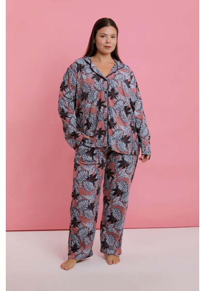 Kadın Büyük Beden Somon Yaprak Desenli Düğmeli Pijama Takımı