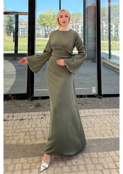 Kolu ve Beli Baget Taşlı Saten Abiye- Haki