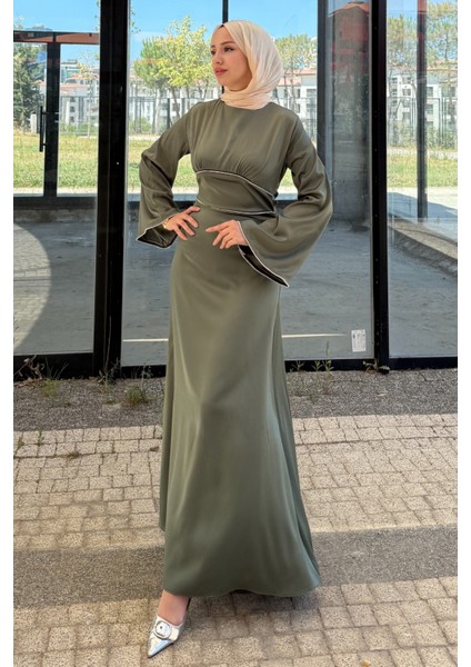 Kolu ve Beli Baget Taşlı Saten Abiye- Haki fiyatları