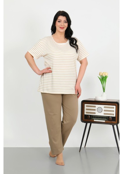 Kadın Büyük Beden Kısa Kol Penye Pijama Takımı Sütlü Kahve 202505 modelleri