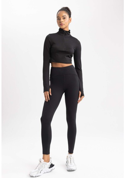 Fit Slim Fit Dar Kesim Fermuarlı Dik Yaka Sporcu Uzun Kollu Tişört