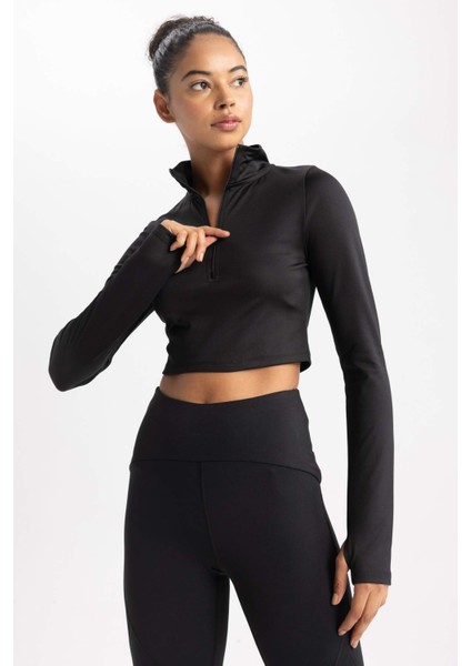 Fit Slim Fit Dar Kesim Fermuarlı Dik Yaka Sporcu Uzun Kollu Tişört