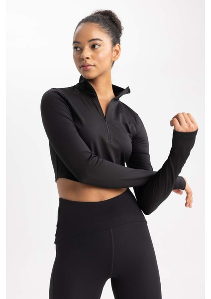 Fit Slim Fit Dar Kesim Fermuarlı Dik Yaka Sporcu Uzun Kollu Tişört