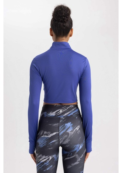 Fit Slim Fit Dar Kesim Fermuarlı Dik Yaka Sporcu Uzun Kollu Tişört