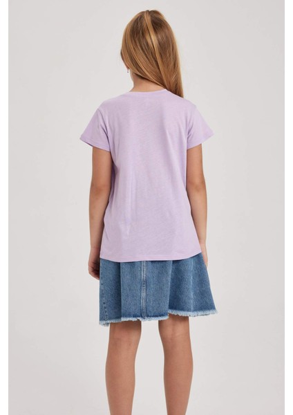 Kız Çocuk Bisiklet Yaka Basic Düz Kısa Kollu Tişört