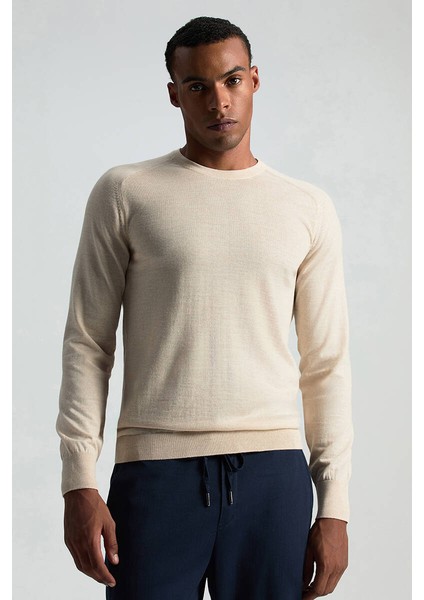 Merino Yün Açık Bej Bisiklet Yaka Triko