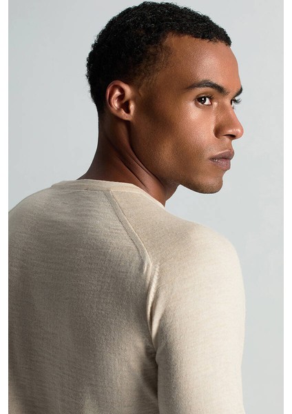 Merino Yün Açık Bej Bisiklet Yaka Triko modelleri