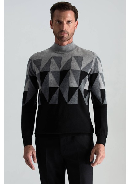 Merino Yün Lupetto Yaka Desenli Siyah Triko