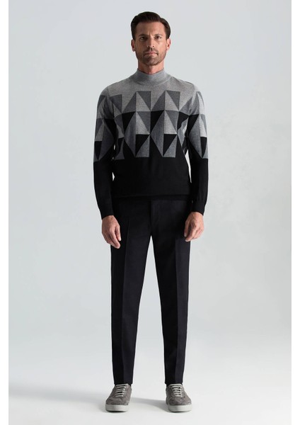 Merino Yün Lupetto Yaka Desenli Siyah Triko fiyatları