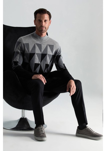 Merino Yün Lupetto Yaka Desenli Siyah Triko modelleri