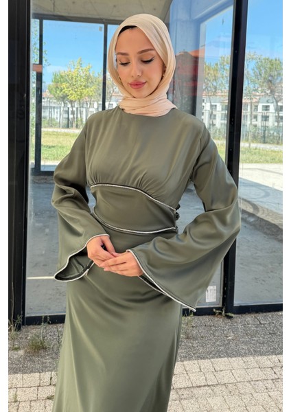 Kolu ve Beli Baget Taşlı Saten Abiye- Haki fırsatları