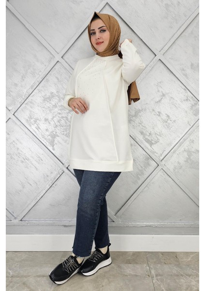 Kadın Nervür Dikim Taş Detaylı Tesettür Tunik