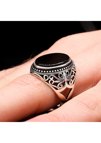 Düz Oniks Taşlı 925 Ayar Erkek Gümüş Yüzük