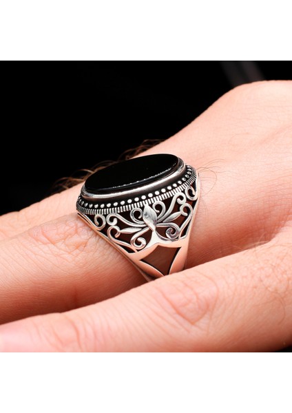 Düz Oniks Taşlı 925 Ayar Erkek Gümüş Yüzük modelleri