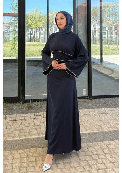 Kolu ve Beli Baget Taşlı Saten Abiye- Lacivert