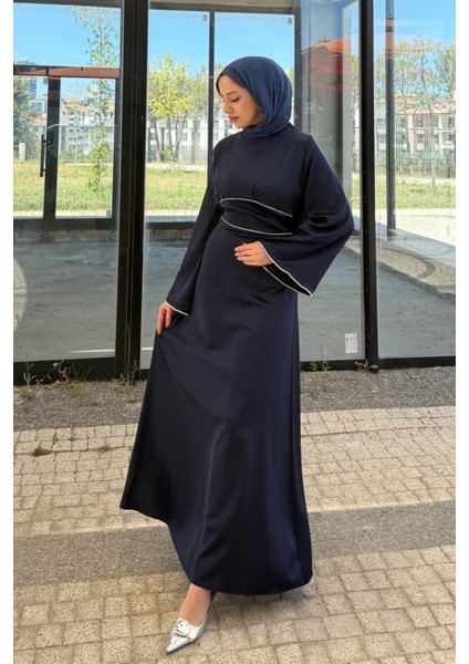 Kolu ve Beli Baget Taşlı Saten Abiye- Lacivert fiyatları