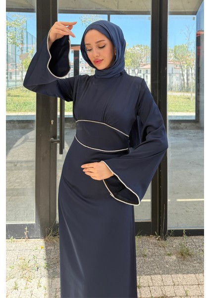 Kolu ve Beli Baget Taşlı Saten Abiye- Lacivert modelleri