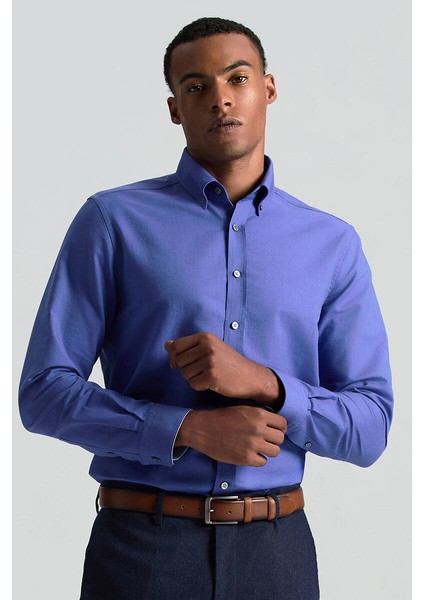 Saf Pamuk Düğmeli Koyu Mavi Oxford Gömlek