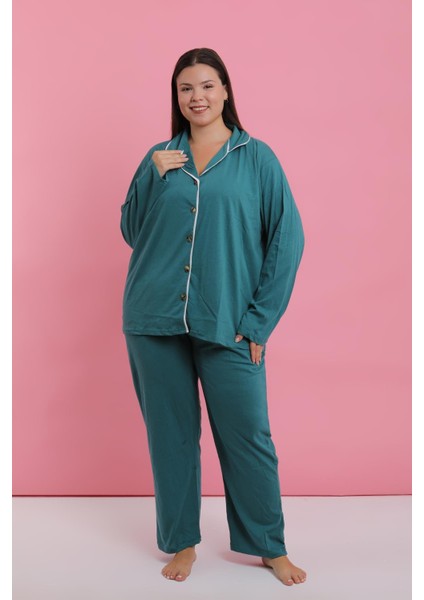 Kadın Büyük Beden Petrol Rengi Düğmeli Pijama Takımı modelleri
