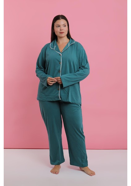 Kadın Büyük Beden Petrol Rengi Düğmeli Pijama Takımı fırsatları