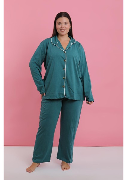 Kadın Büyük Beden Petrol Rengi Düğmeli Pijama Takımı