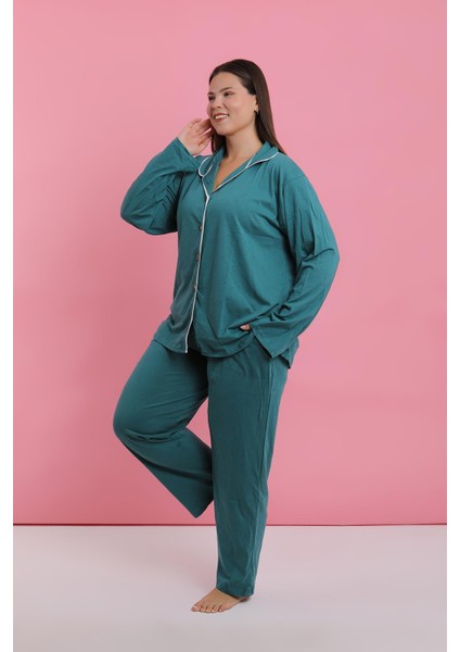 Kadın Büyük Beden Petrol Rengi Düğmeli Pijama Takımı