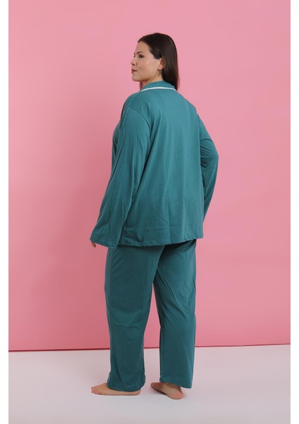 Kadın Büyük Beden Petrol Rengi Düğmeli Pijama Takımı