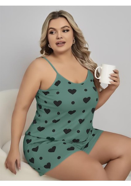 Büyük Beden Yeşil Kalp Desen Pamuklu Şortlu Pijama Takımı