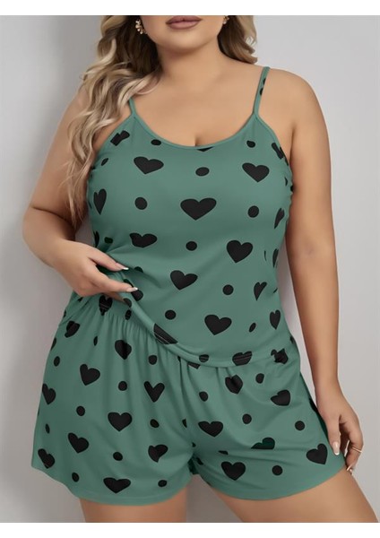 Büyük Beden Yeşil Kalp Desen Pamuklu Şortlu Pijama Takımı fiyatları