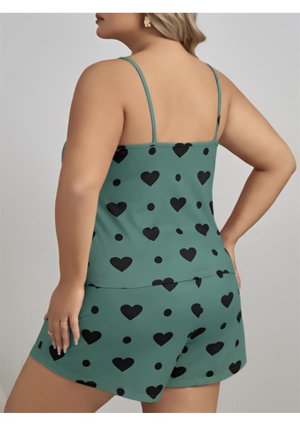 Büyük Beden Yeşil Kalp Desen Pamuklu Şortlu Pijama Takımı modelleri