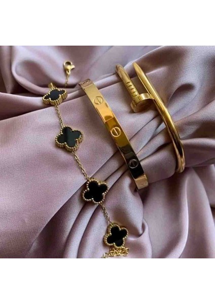 Gold Siyah 3lü Bileklik,kelepçe Seti Çelik Set