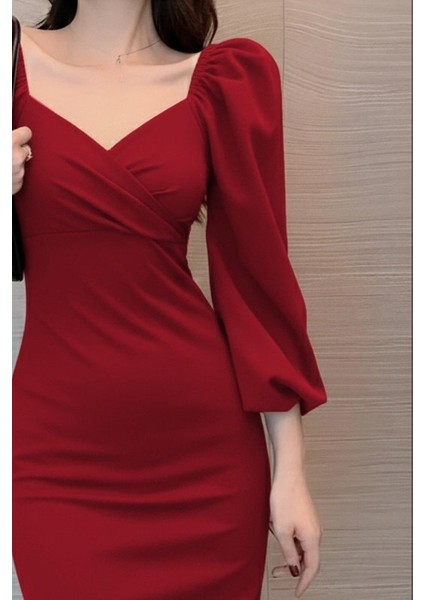 Kadın Uzun Kollu Kalp Yakalı Midi Ithal Krep Elbise modelleri