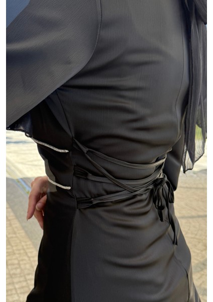 Kolu ve Beli Baget Taşlı Saten Abiye- Siyah indirimleri