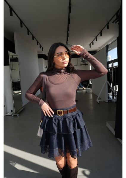 Etek Ucu Dantelli Beli Kemerli Denim Mini Etek fiyatları