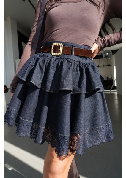 Etek Ucu Dantelli Beli Kemerli Denim Mini Etek modelleri
