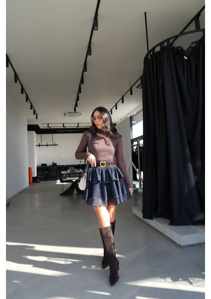 Etek Ucu Dantelli Beli Kemerli Denim Mini Etek indirimleri