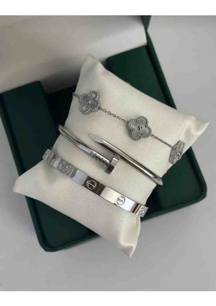 Silver Yonca Bileklik,taşlı Kelepçe ,çivi Bileklik Üçlü Kararmaz Çelik Bileklik Set 3lü fiyatları