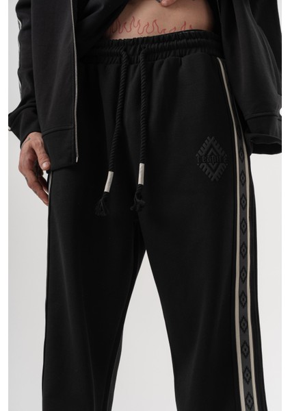 Erkek Şerit Detaylı Kışlık Doubleface Baggy Eşofman Altı Siyah