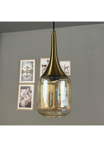 Diona Cam Bal Rengi Tekli Avize Eskitme Külah Başlık Retro Sarkıt Lamba Salon Aydınlatma