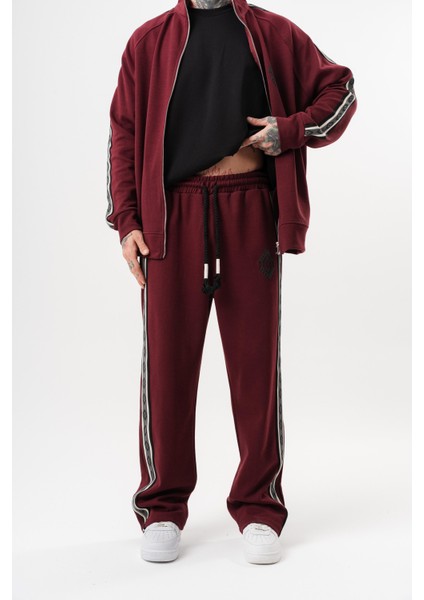 Erkek Şerit Detaylı Kışlık Doubleface Baggy Eşofman Altı Bordo