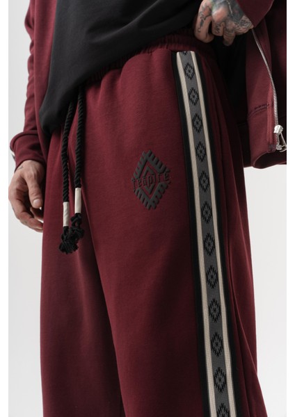 Erkek Şerit Detaylı Kışlık Doubleface Baggy Eşofman Altı Bordo