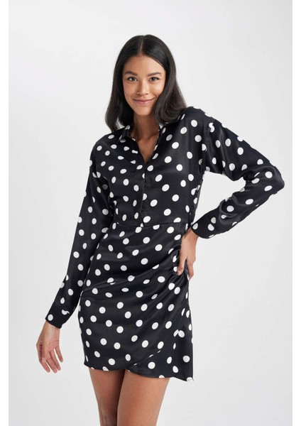 Gömlek Yaka Saten Puantiyeli Mini Uzun Kollu Elbise