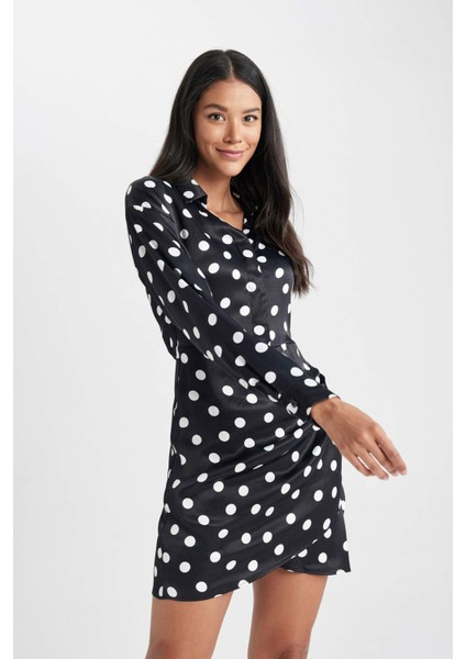 Gömlek Yaka Saten Puantiyeli Mini Uzun Kollu Elbise