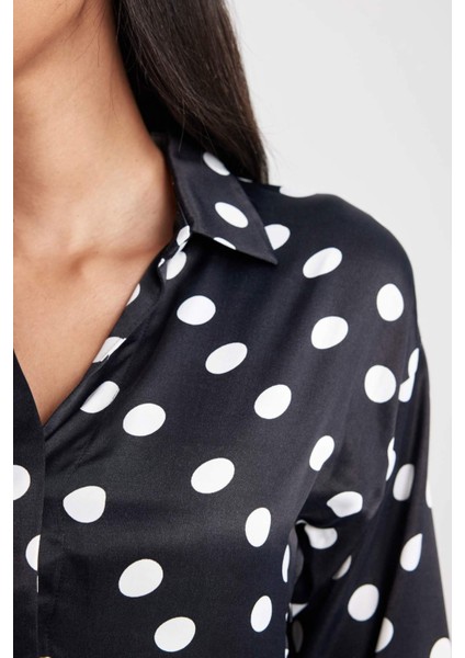 Gömlek Yaka Saten Puantiyeli Mini Uzun Kollu Elbise