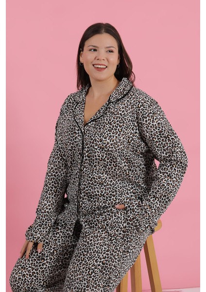 Kadın Büyük Beden Leopar Desenli Düğmeli Pijama Takımı fiyatları