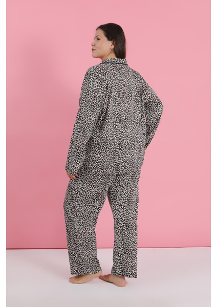 Kadın Büyük Beden Leopar Desenli Düğmeli Pijama Takımı indirimleri