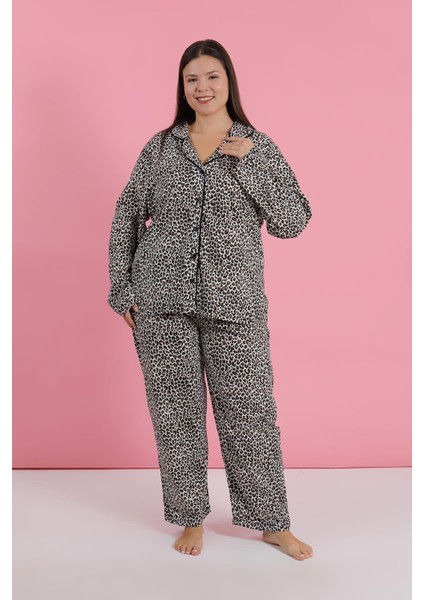 Kadın Büyük Beden Leopar Desenli Düğmeli Pijama Takımı