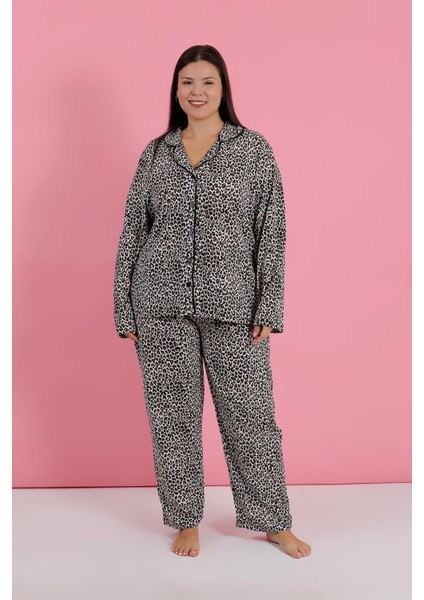 Kadın Büyük Beden Leopar Desenli Düğmeli Pijama Takımı